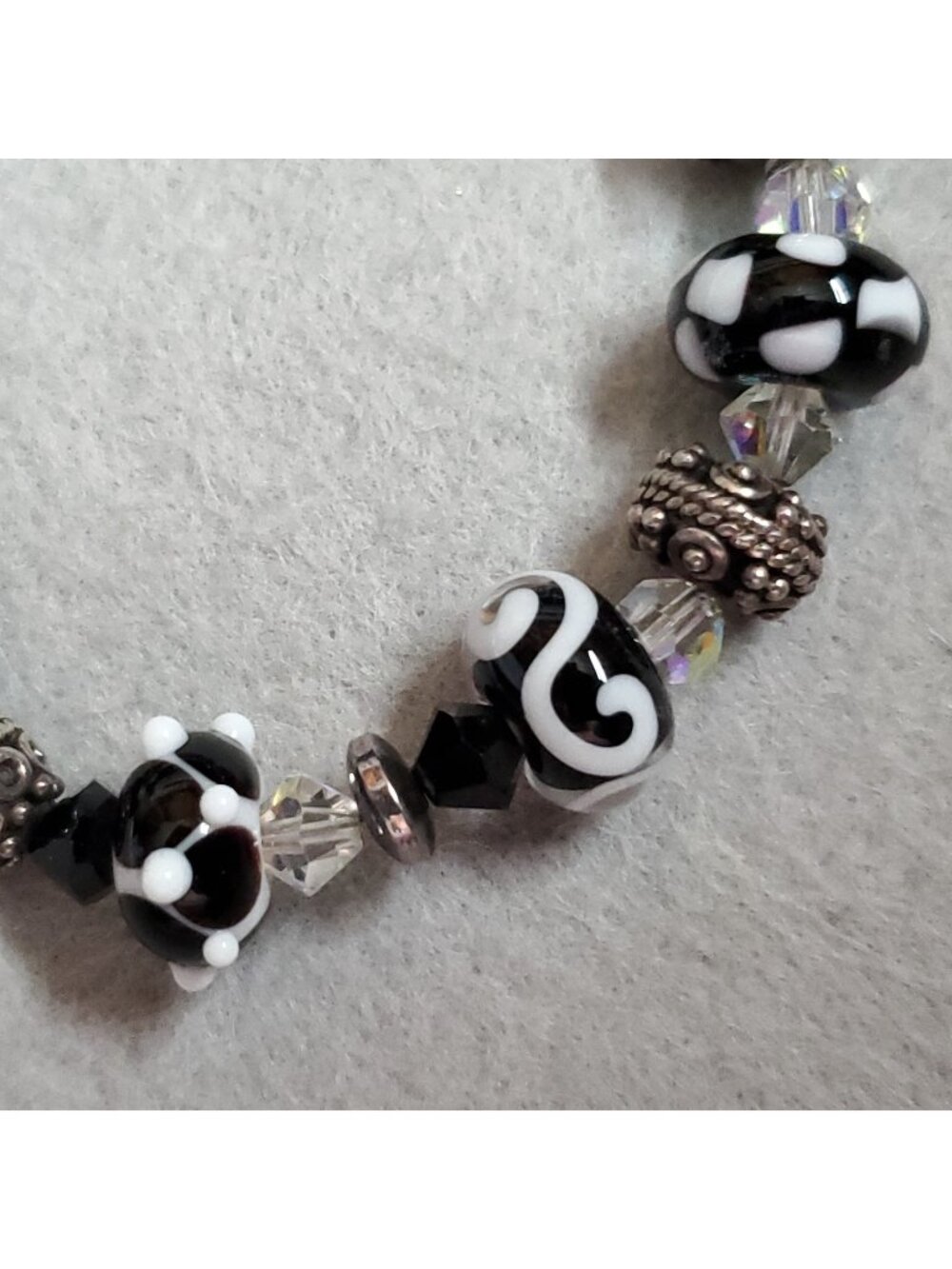 Lampwork Glass Beaded Bracelet Black White Silver Tone 6"